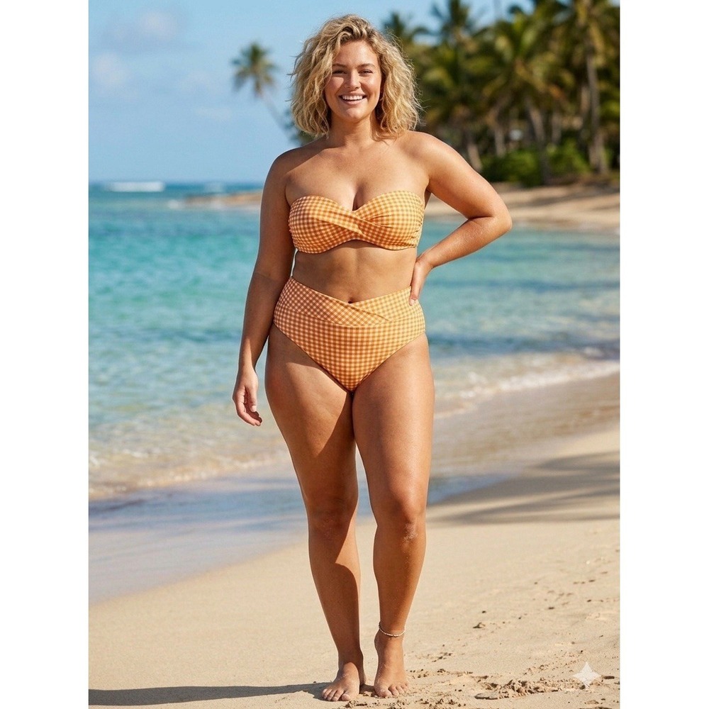 Kitty‎ & Vibe Orange White Plaid Lined Stretch High-Waisted Swim Bottom